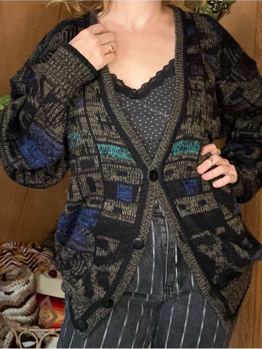 Vintage 1980s Campus Abstract Geometric Cardigan Sweater | L